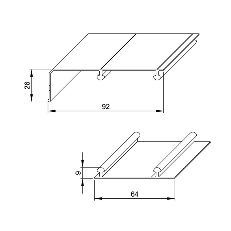Obere und untere Aluminium-Laufschiene 180 cm, für SLID'UP 210, 220, 230  Schiebetürbeschlag, Alu eloxiert